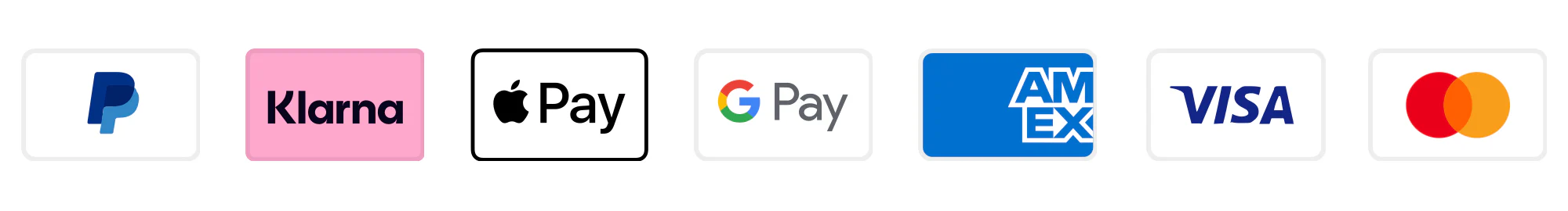 Bezahlmethoden: Visa, Mastercard, American Express, PayPal, Klarna, Apple Pay, Google Pay
