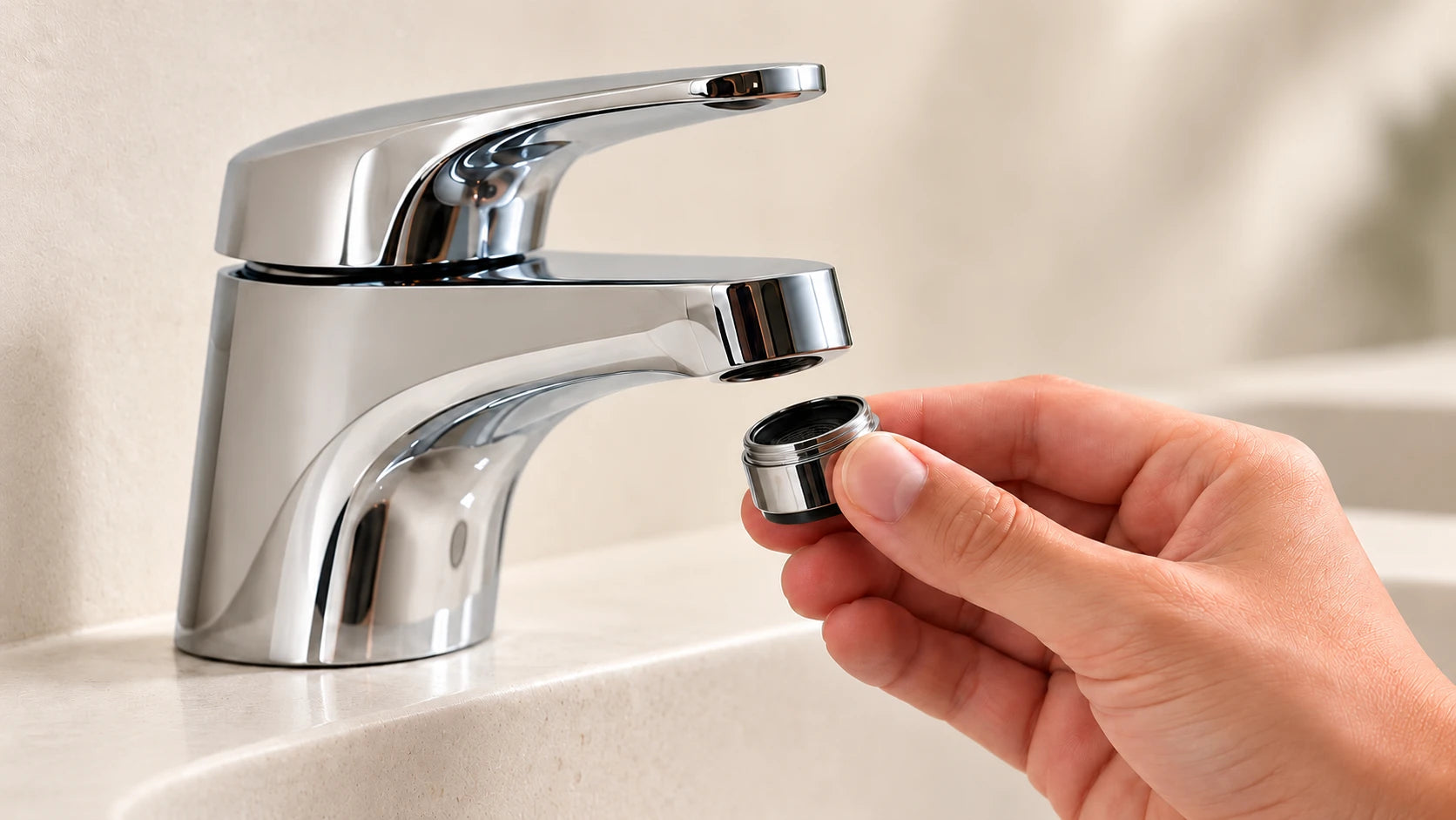 Perlator wird vom Wasserhahn abgeschraubt